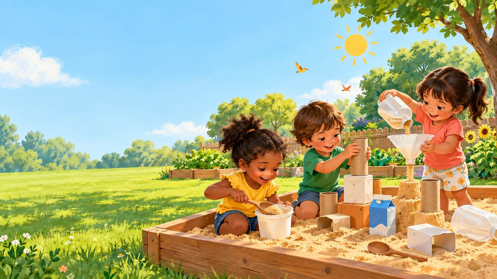 Três crianças brincando na caixa de areia de um jardim ensolarado, com potes, rolos de papel e um funil